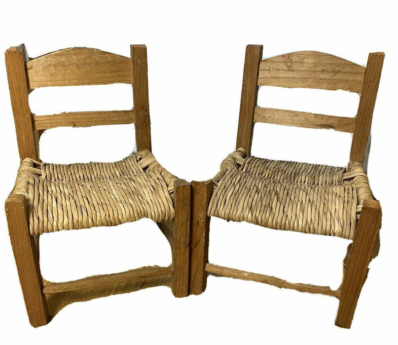 Vintage High Back Wooded Doll Chairs w/ Straw bottom seating (2 - Chairs in Set)
