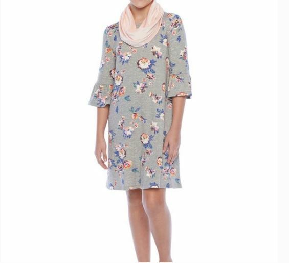 Arizona | Gray Floral Soft Bell Sleeve Dress W/ Scarf (Size: L/14)