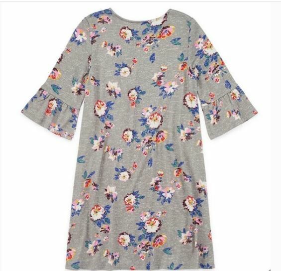 Arizona | Gray Floral Soft Bell Sleeve Dress W/ Scarf (Size: L/14)