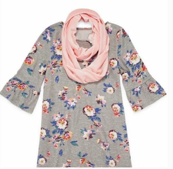 Arizona | Gray Floral Soft Bell Sleeve Dress W/ Scarf (Size: L/14)