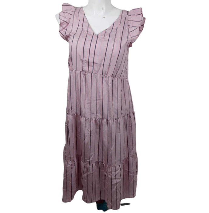 Loft Women's Pink Striped Flutter Sleeve V-Neck Midi Dress (Size: LP) 33022420