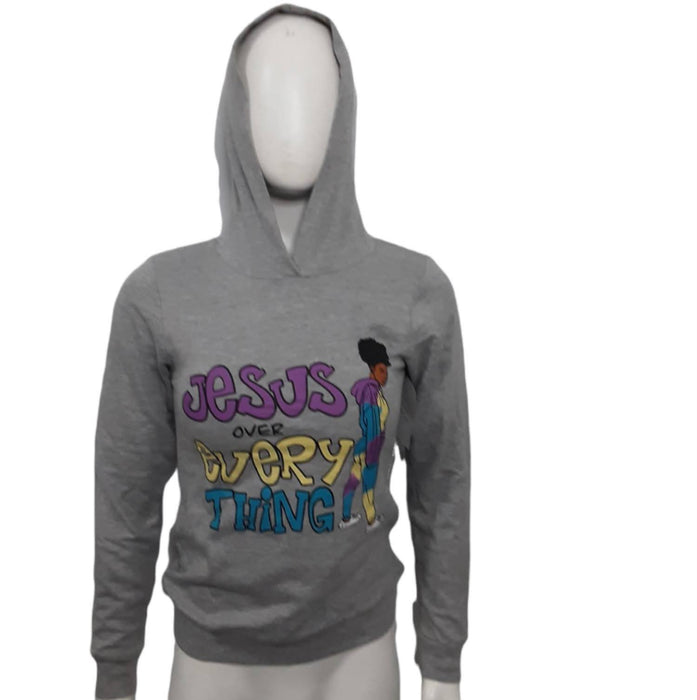 On Fire Girls Gray "Jesus Over Everything" Hooded Shirts