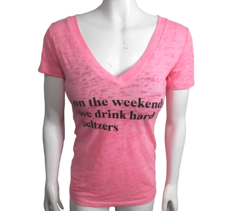 Next Level Women's Pink V-Neck "On The Weekends We Drink Hard Seltzers" Top