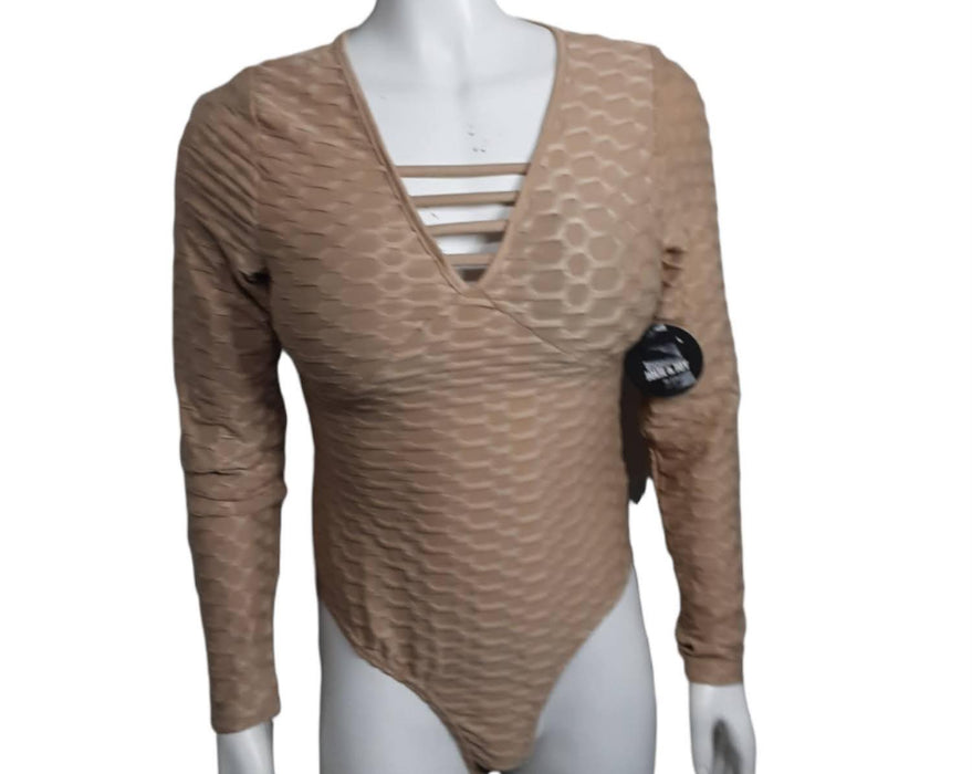 Jolie & Joy Women's Tan Workout Soft Tummy Long Sleeve Control Bodysuit