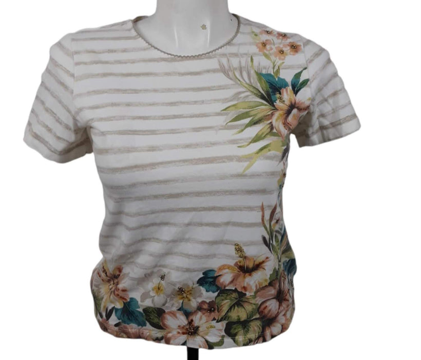 Alfred Dunner Women's White/Beige Classics Short Sleeve Floral  (Size: PS)