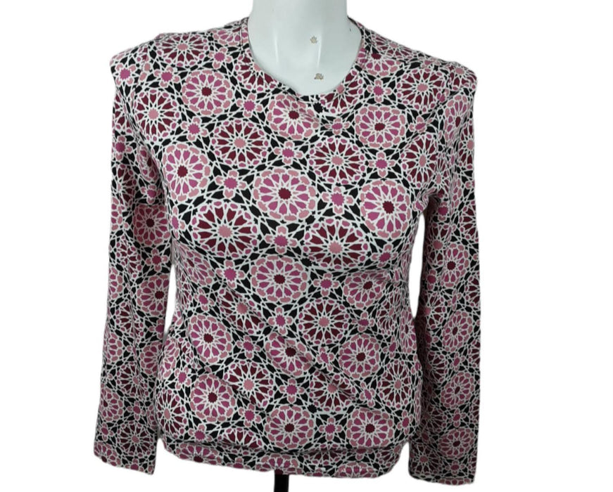 Kim Rogers Women's Pink/Black Floral Print Crew Neck Long Sleeve Top (Size: S)