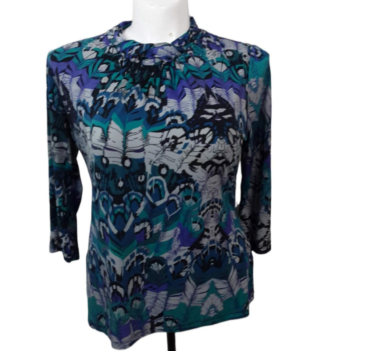 Worthington Women's Gray Floral Animal Print Long Sleeve Top (Size: L)