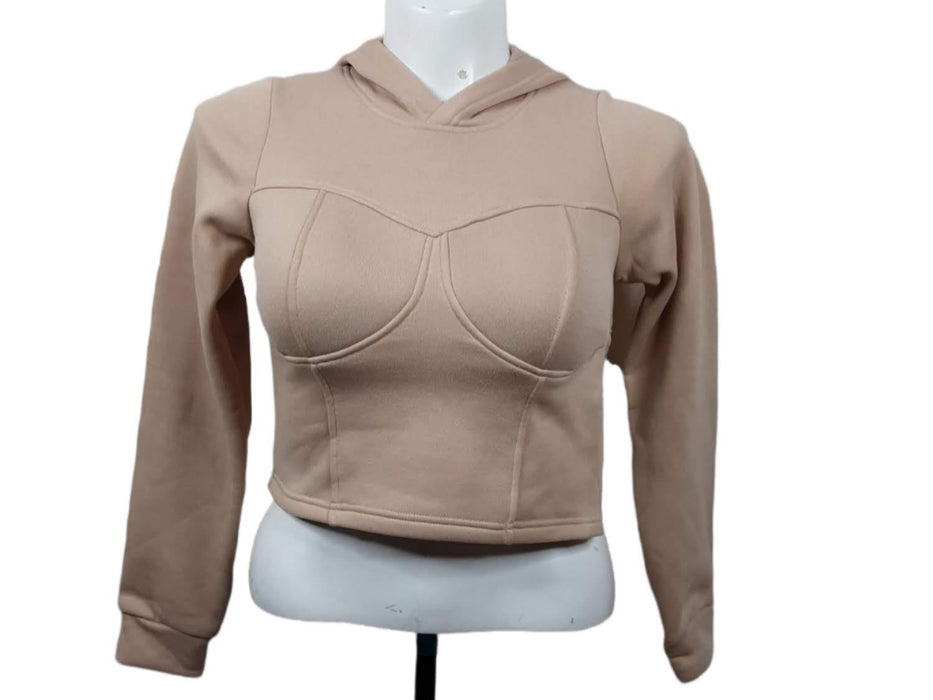 Say What Women's Beige Long Sleeve Padded Breast Crop Top Pullover Hoodie (M)