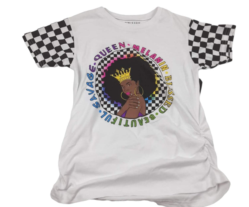 On Fire Girls White  "Queen . Melanin" Checkered Sleeve T-Shirt (Size: 12/L)