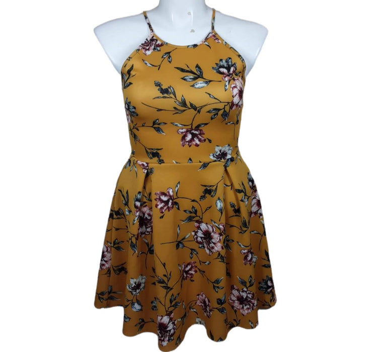 Soprano Women's Yellow Floral Sleeveless Halter Dress (Size: L)