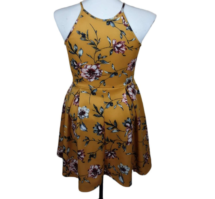 Soprano Women's Yellow Floral Sleeveless Halter Dress (Size: L)