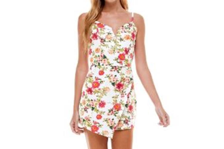 Almost Famous White Floral Stretch  Spaghetti Strap Sweetheart Neck Romper (M)