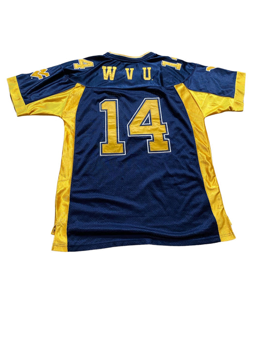 West Virginia Mountaineers Men's Colosseum #14 Stitch Jersey Blue Gold (Size: L)