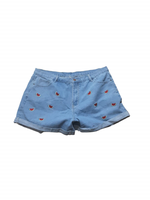 Shein Women's Fitted Watermelon Logo Cuffed Denim Shorts Blue (Plus: XX Large)